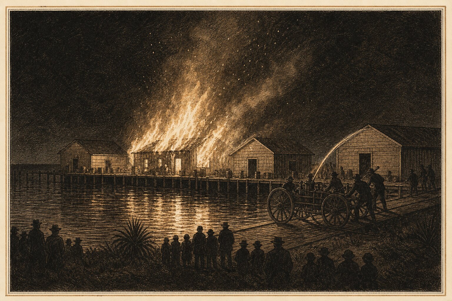 Illustration: volunteers work a small hand-pulled fire engine on a wharf at night as a fish-house shed burns beside them