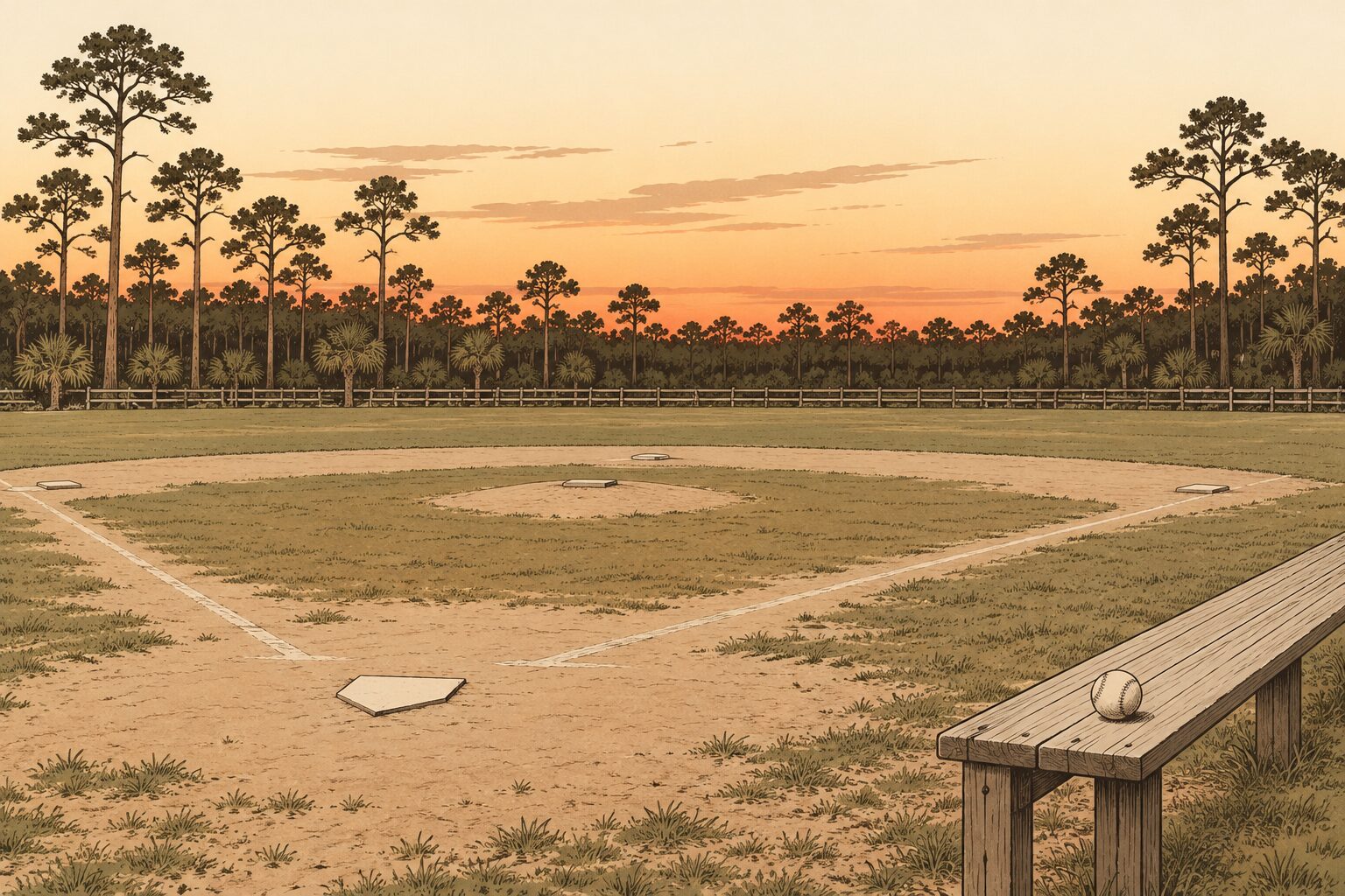 Illustration: an empty sand ball diamond at dusk, a plank bench with a ball on it, pines and palms beyond the fence