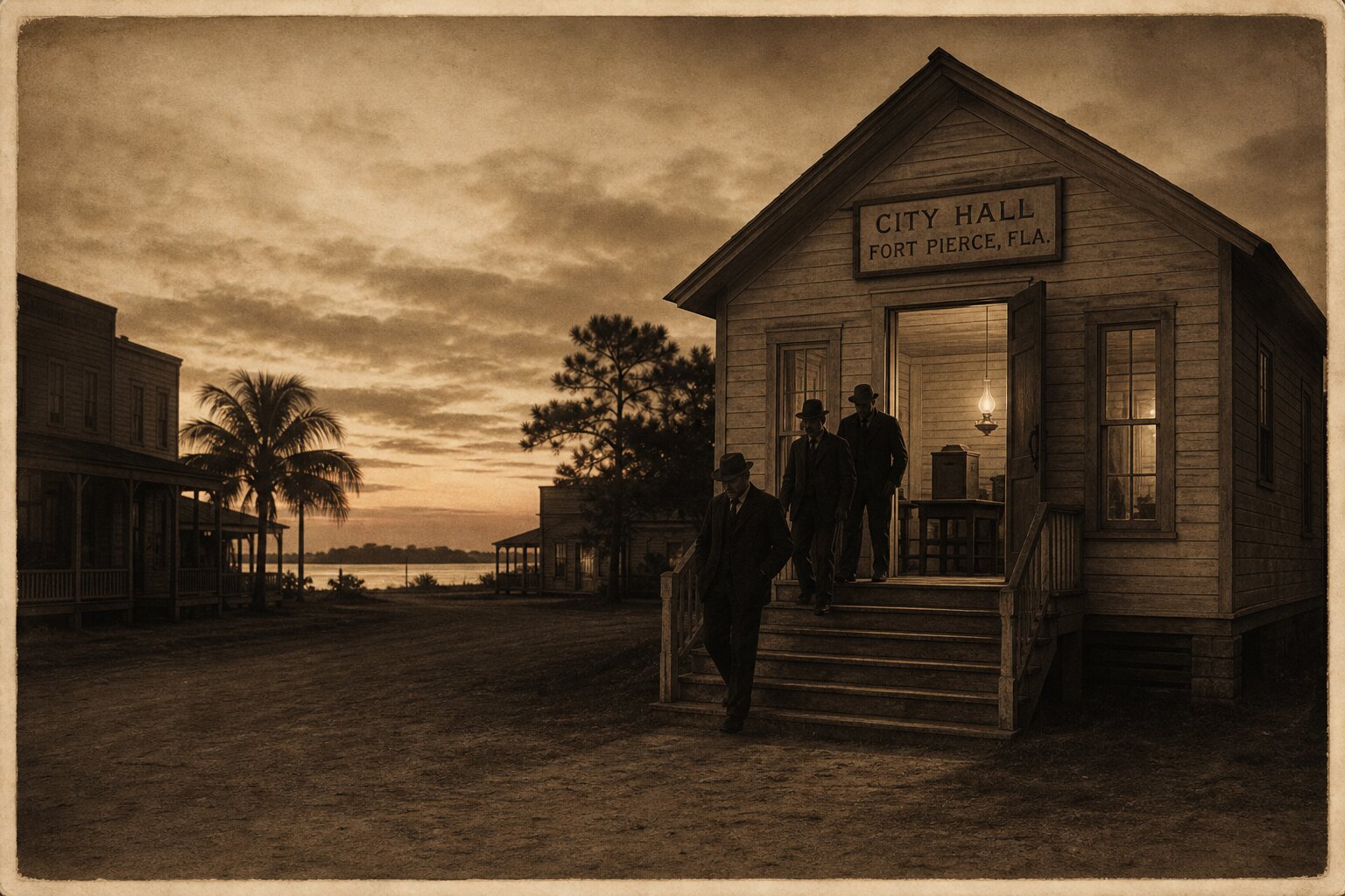 Illustration: voters leaving Fort Pierce City Hall on the night of December 12, 1911, a ballot box inside the lamplit doorway, the street dark