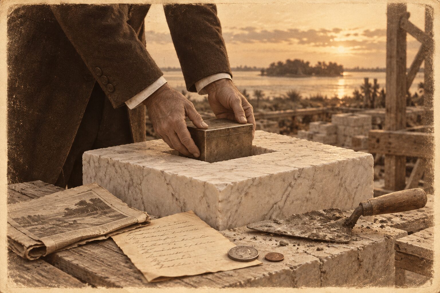 Illustration: hands lowering a small box into a marble cornerstone, beside a newspaper, a handwritten list, a half dollar and a penny