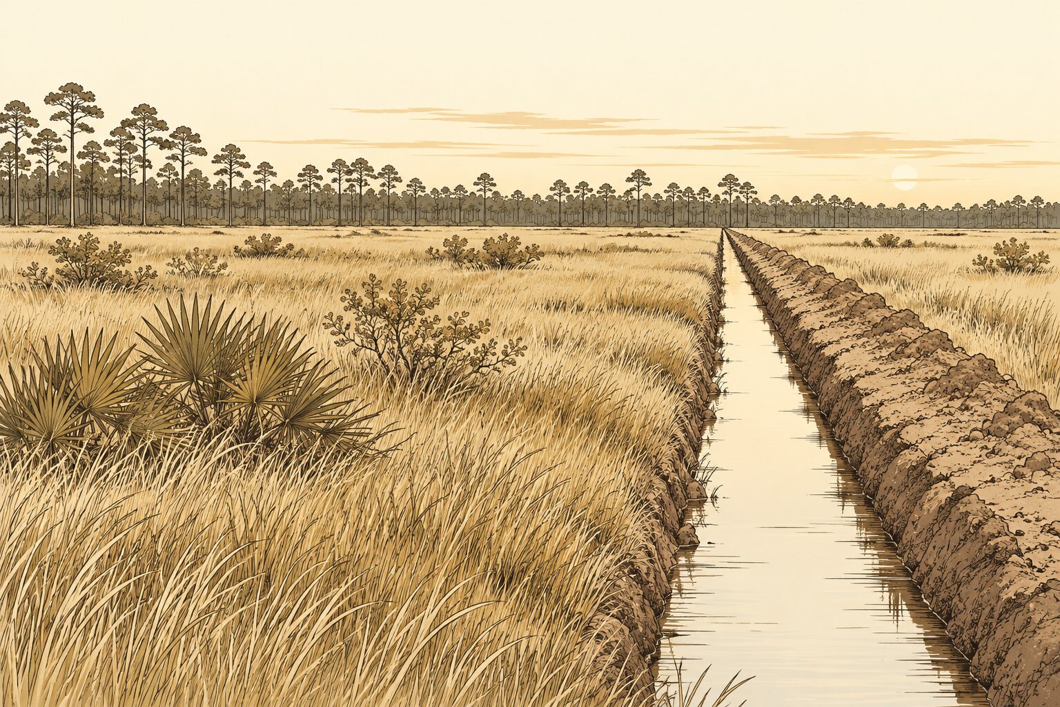 Illustration: a level prairie of tall grass with clumps of palmetto and willow, a fringe of pines, and a new straight drainage ditch