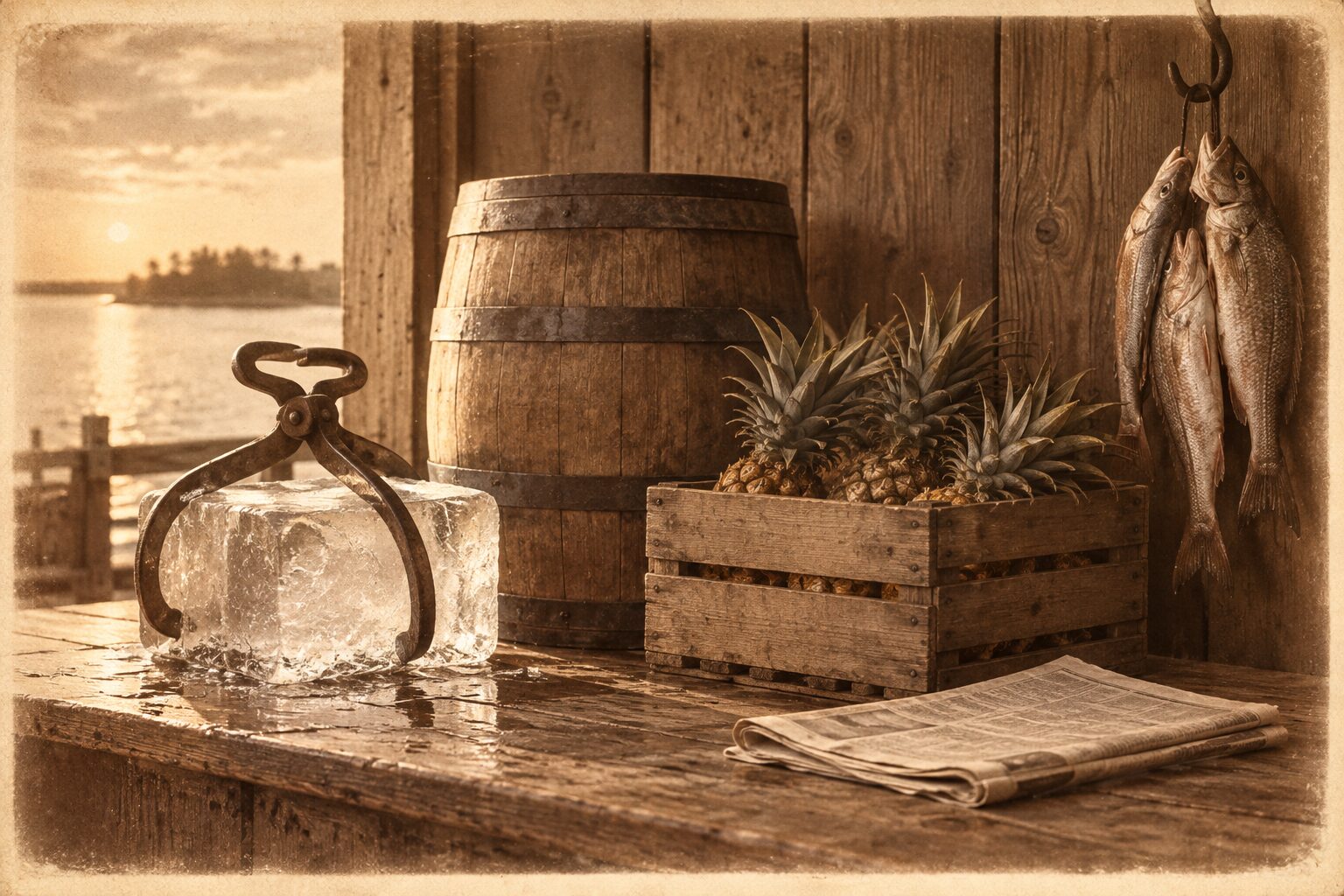 Illustration: a block of ice in iron tongs, a hooped barrel, a crate of pineapples, fish on a hook and a folded newspaper on a counter