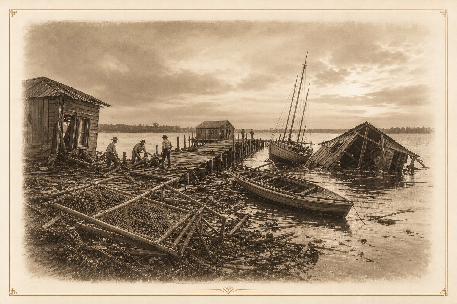 Illustration: the Fort Pierce waterfront after the hurricane of 1910, wharf planking torn up and a boathouse collapsed into the Indian River