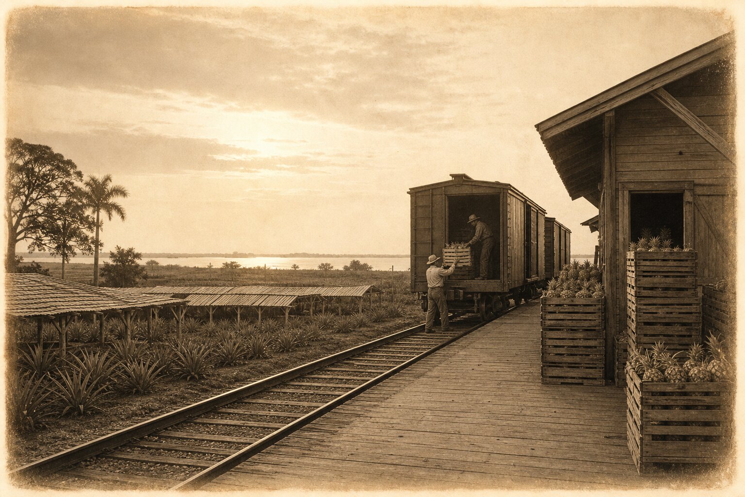 Illustration: pineapple crates stacked on a packing-house platform beside a rail siding, with pineapple fields and the river beyond